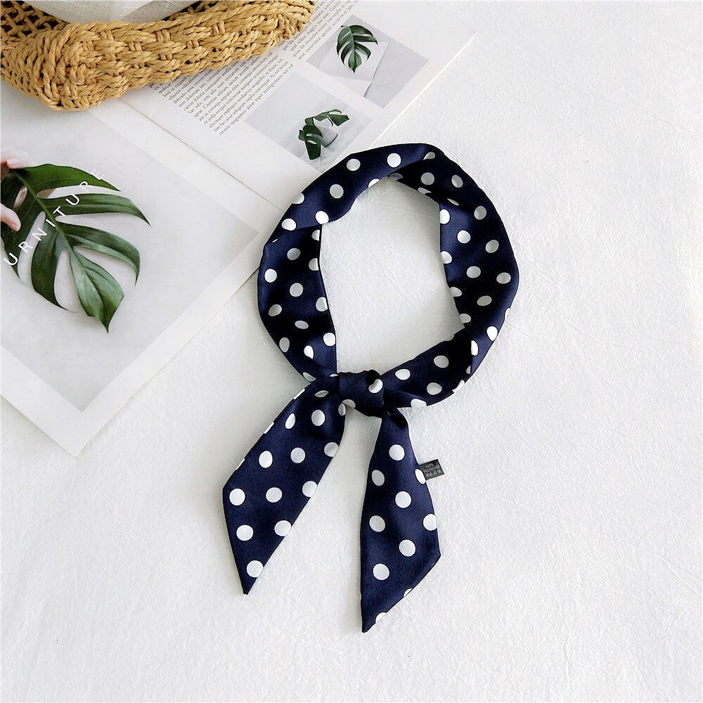 Spring Summer Women's Polka Dot Printed Silk Stain Hair Ribbon Tie Scarf Female Black White Green Yellow Bag Scarves: Navy Blue