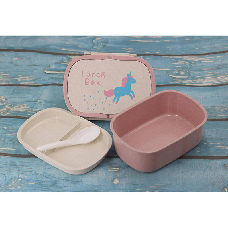 Cokytoop Lunch Box Voor Kind Tarwe Stro Eenhoorn Bento Dozen 2 Layer Met Handvat Lepel Broodtromme Licorne Voedsel Container