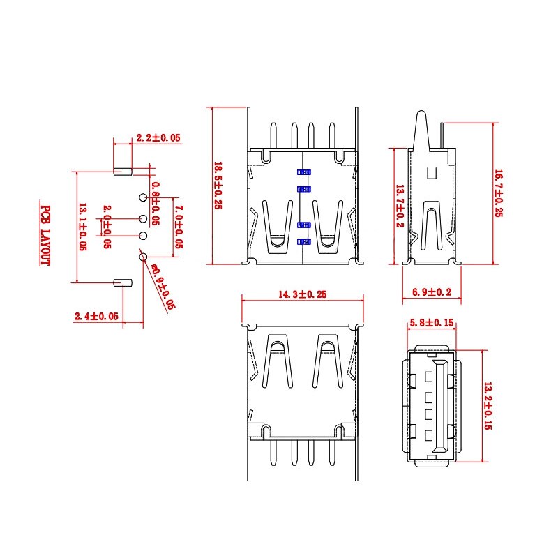 10Pcs USB Type A Female Socket 180 Degrees Vertical 4pins USB Interface