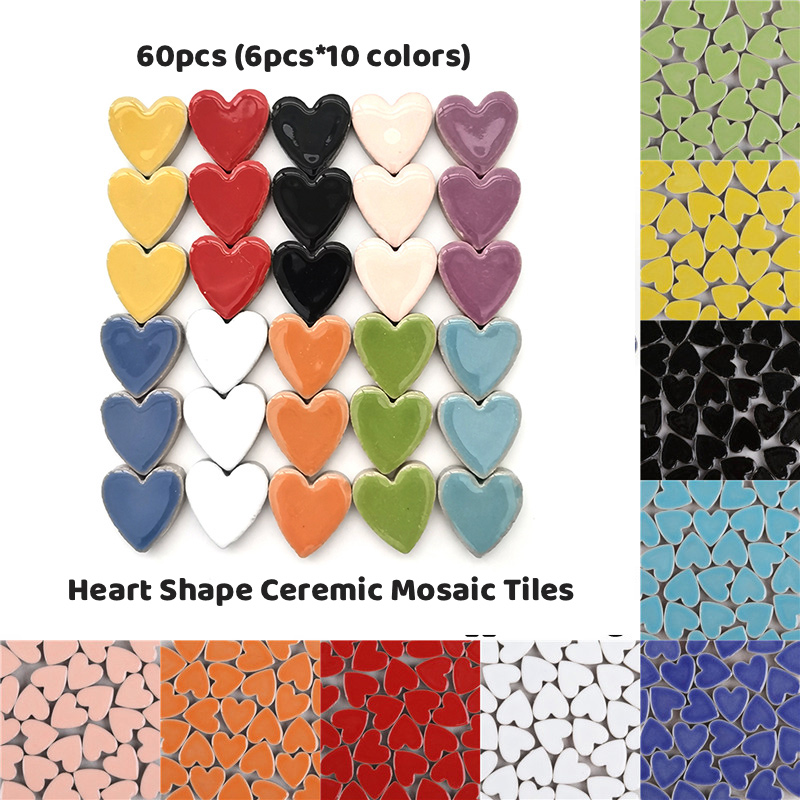 Mosaico de porcelana con forma de corazón, baldosa de 250g, fabricación de mosaico artesanal, azulejos de cerámica de 2,2x2,3x0,5 cm, 60 piezas (6 piezas x 10 colores)