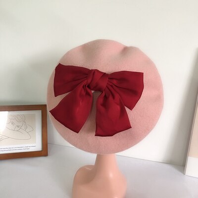 Béret en laine avec nœud papillon pour femme, chapeau avec motif de biscuits, de couleur unie, idéal pour l&#39;automne et l&#39;hiver: 09