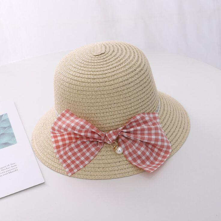 Zomer Kind Prinses Leuke Cartoon Stro Hoed Met Handtassen Tassen 2 Stuks Een Set Kids Meisje Baby Boog Plaid panama Zonnehoed: Hat beige