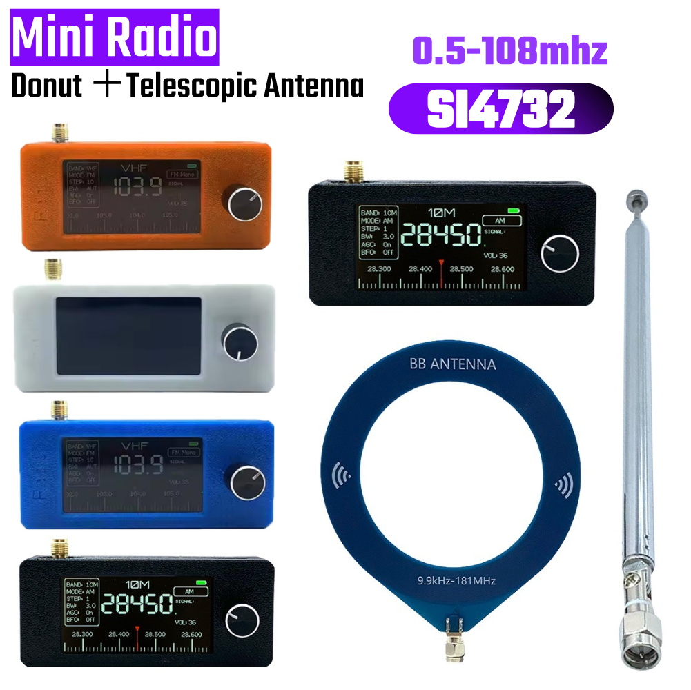 SI4732 0.5-108mhz Pocket Mini Radio HF SW MW VHF All Band Radio Receiver LSB USB AM FM 1.9in Screen Donut＋Telescopic Antenn