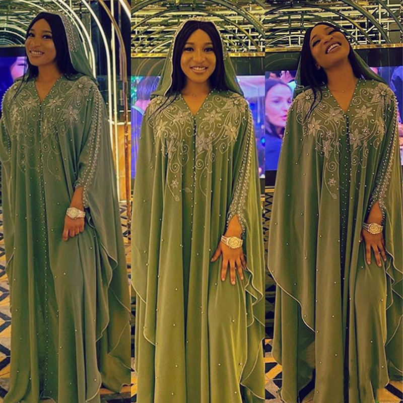 DOIB-vestidos africanos de gasa para mujer, vestido musulmán de talla grande Dashiki, cuentas de diamantes, Boubou, Abaya africana, Dubai