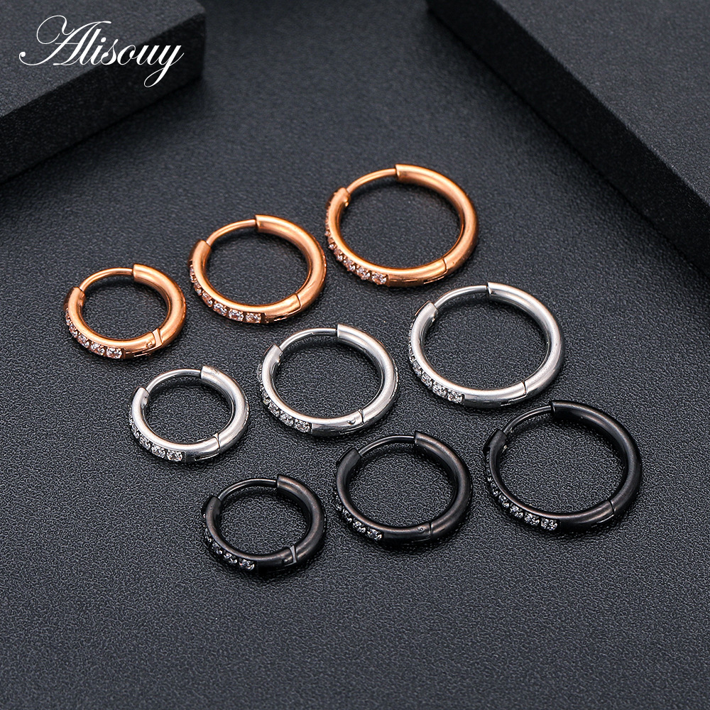 Alisouy 2Pcs Rvs Zirconia Crystal Kleine Ronde Cirkel Clip Huggie Vrouwen Mannen Hoepel Oorbellen Oor Helix Piercing Sieraden