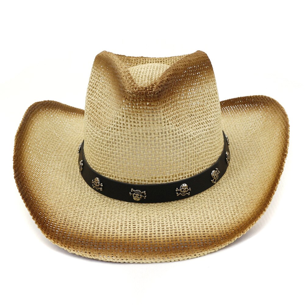 Qbhat Bruin Spray Verf Mannen Vrouwen Papier Stro Zon Cowboy Hoeden Met Schedel Riem Decor Zomer Brede Rand Zonnehoed Panama strand Cap: Beige