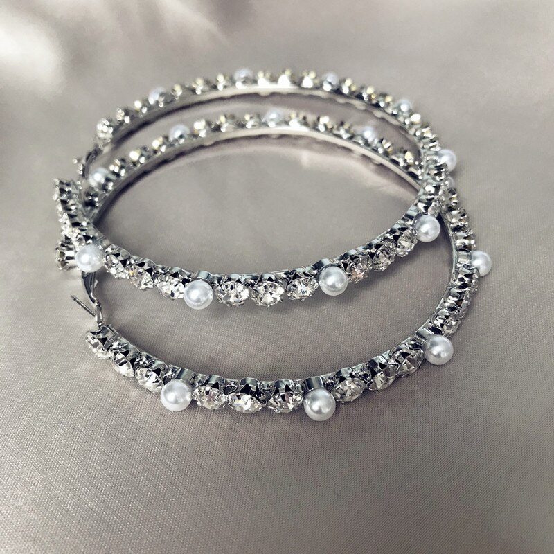 Glass Rhinestone With Pearls Hoop Earrings For Women Jewelry Maxi Lady Statement Earrings Accessories: white-6cm