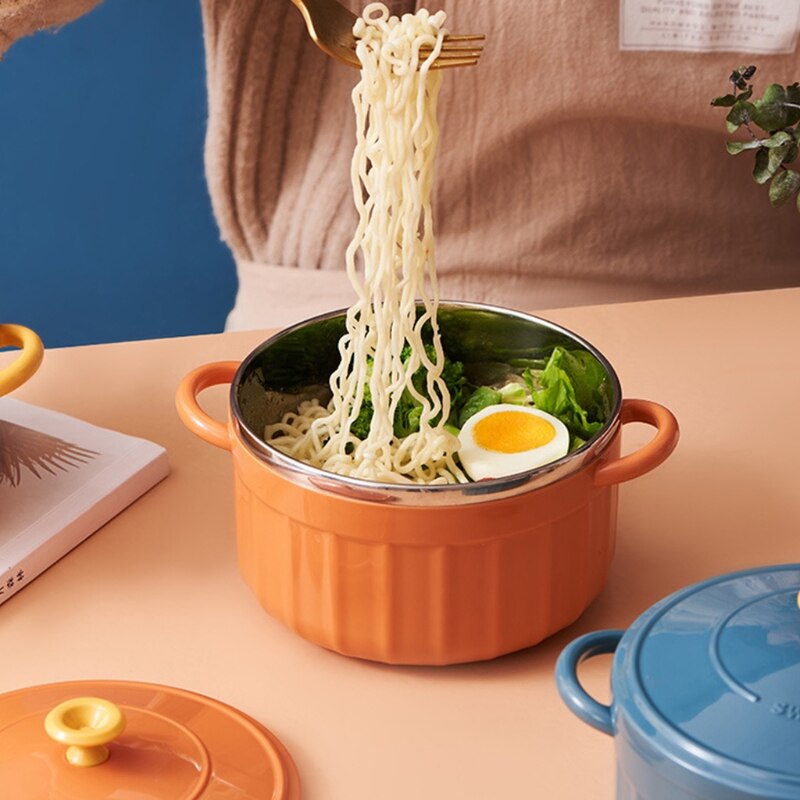 Handheld Bowl Anti-scald Noodle Soup Rice Ramen Bowl w 2 Handle Japanese Style Kitchen Tableware Blue/Cyan/Orange/Yellow