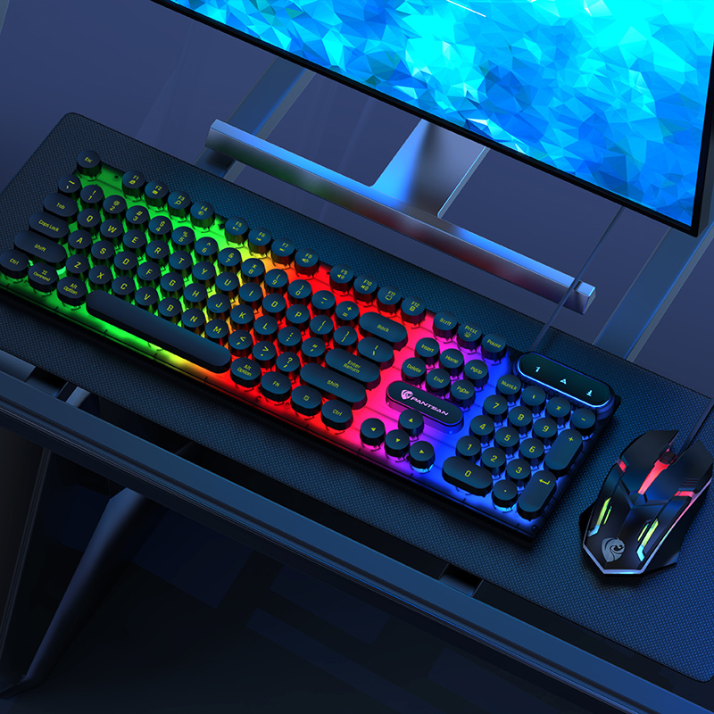 Punk Mechanical Feel Gaming Keyboard Mouse Combos Wired 104 Round Keycaps Keys Rainbow Backlit Keyboard for PC Gamer Computer: SMT3C391Blackkit