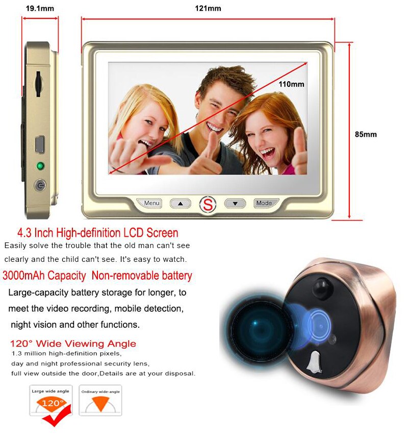 Smart home digital trådløs dør video-øje kamera med bevægelsesdetektere videooptagelse dør kiggehul seer skærm dørklokke