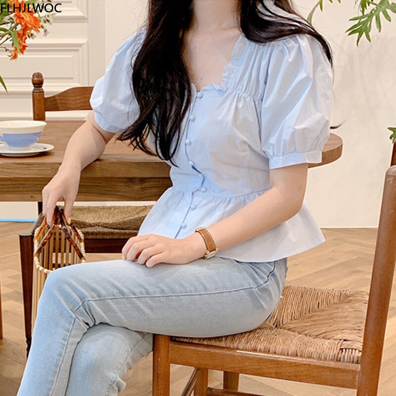 Short Chic Tops Summer Puff Sleeve Slim Waist Peplum Lace-Up Bow Tie Ruffled Shirt Blouse Women Top Korean Japan Flhjlwoc Cute