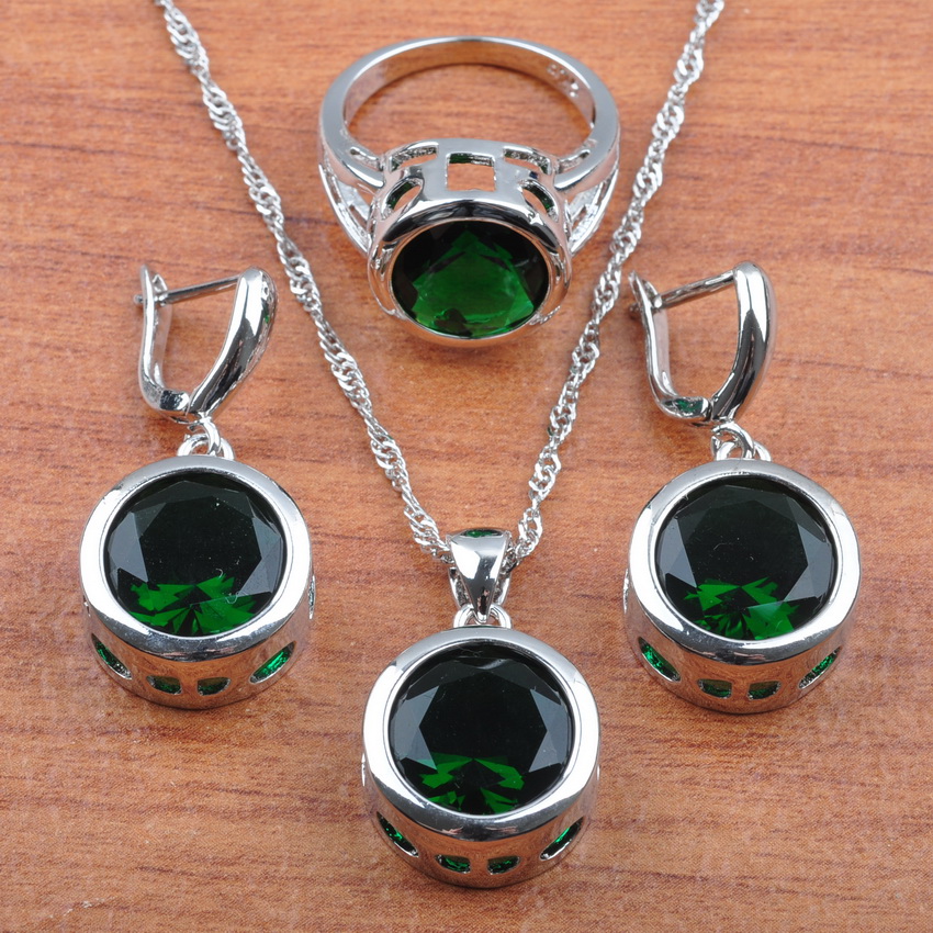 Bruids Bruiloft Sieraden Sets Oorbellen En Ketting Set Voor Vrouwen Kostuum Groen Zirconia Ronde Accessoires Js0370