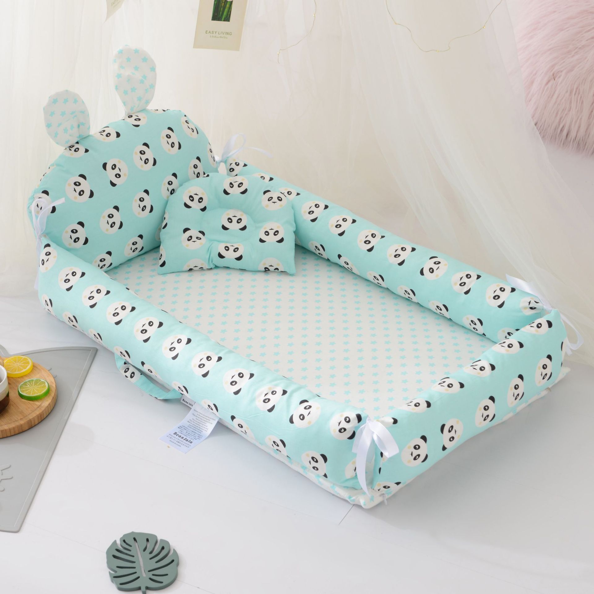 Babynest säng spjälsäng bärbar avtagbar ventilerande och tvättbar spjälsäng resesäng för barn spädbarn bomullsvagga: Panda blå