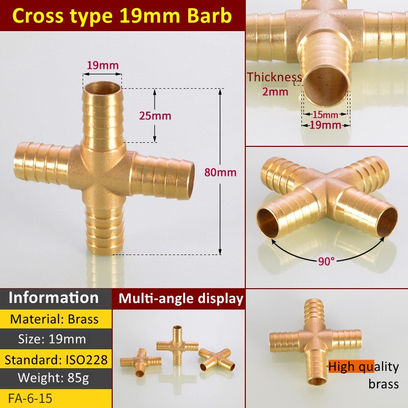 Cross Shaped Brass Pipe Fitting 4 Way 4mm 6mm 8mm 10mm 12mm Hose Barb Connector Joint Copper Barbed Coupler Adapter Coupling: 19mm