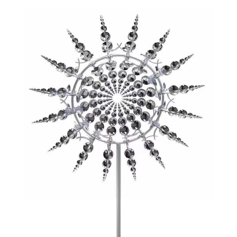 Unique Metal Windmill Geometric Pattern Wind Spinner Catcher Kinetic Chimes with Stake Ornament Garden Decor