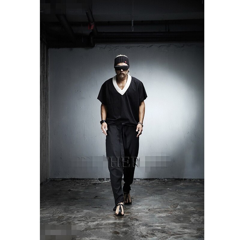Juventude coreana hip hop masculina baixa virilha moda tendência rendas até calças casuais harem calças de linho calças soltas personalidade