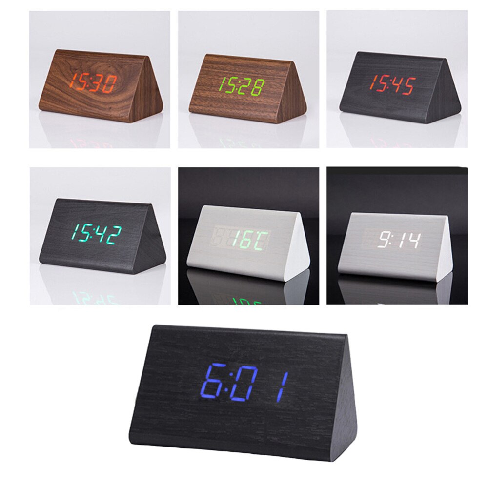 Moderne trekantet led træ vækkeur klassisk digital lydkontrol skrivebord ur termometer (sort træ og hvidt lys)