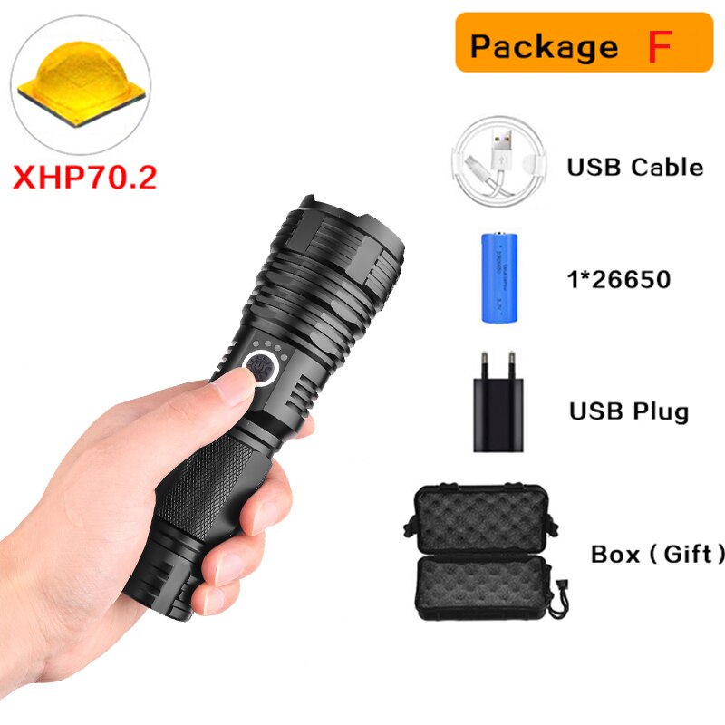 Super Bright XHP90 USB Rechargeable LED Flashlight Powerful Torch Waterproof XHP70 Light Use 18650 or 26650 Battery