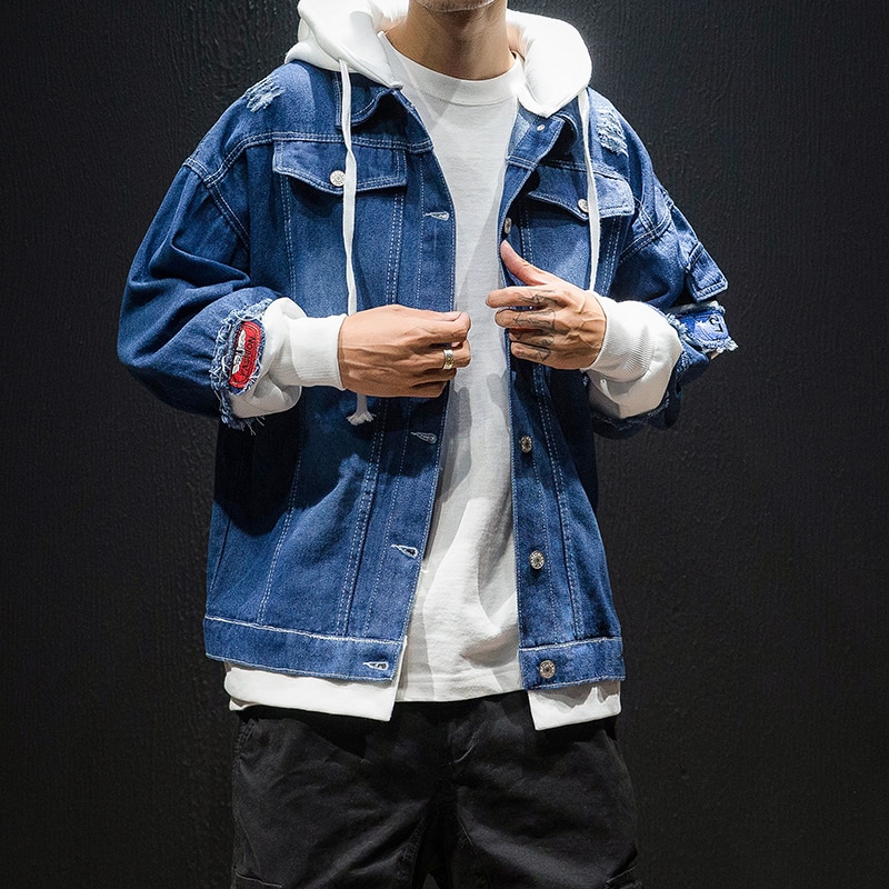 Herre denim jakker herre forår casual løst hul moto&biker denim frakker bomuld patchwork cowboy jakker