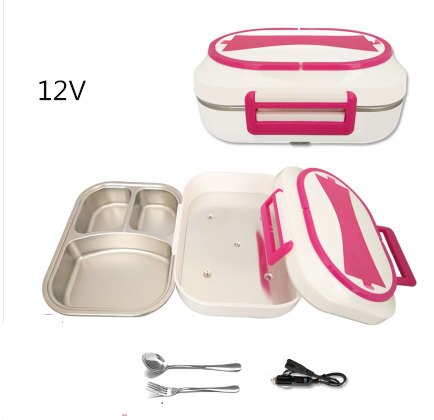 12V 24V 220V 1L Household Car Electric Heating Box With Stainless Steel Inner Mini Portable Electric Multi Cooker: pink 12V