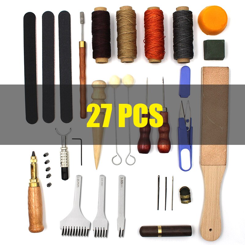 Leather Craft Tools Kit Hand Sewing Stitching Punch Carving Work Saddle Leathercraft Accessories 45/44/25/15PCS: 27PCS