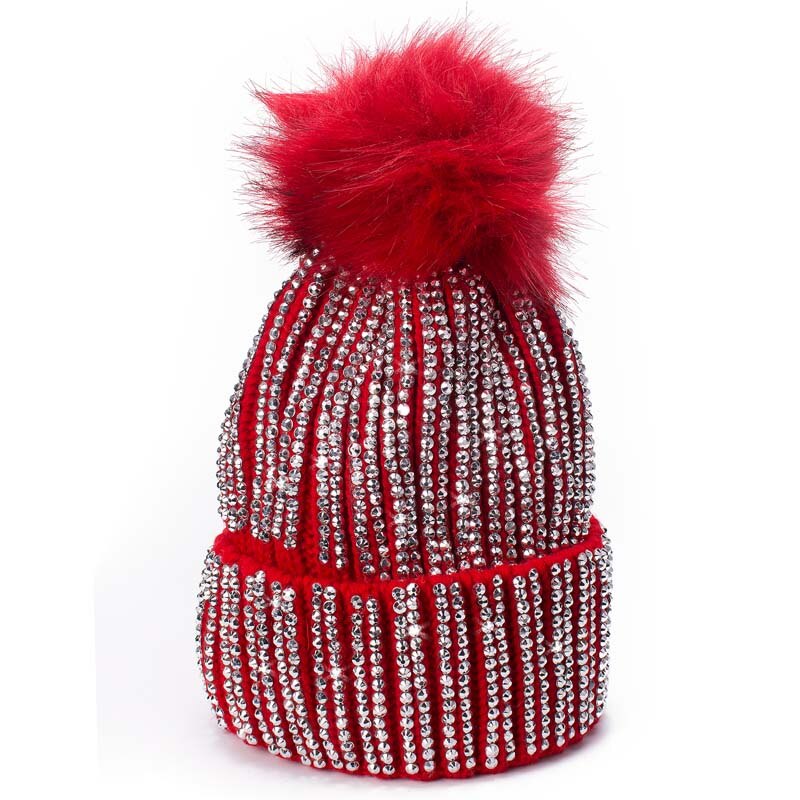 Lawliet Winter Hats Faux Fur Pom Pom Rhinestone Bling Style Women Beanies Warm Knitted Hat Ladies Skull Cap A469: Red