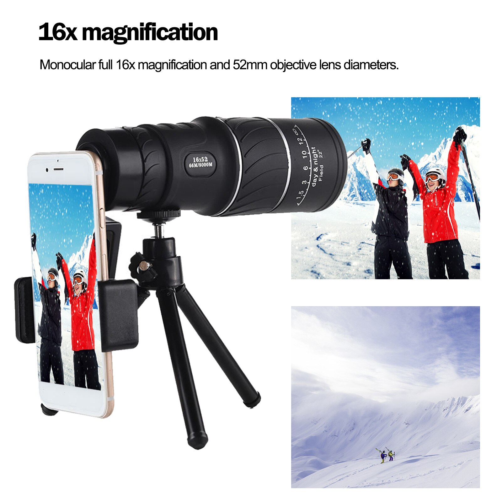 16X52 Hd Monoculaire Telefoon Camera Dual Focus Zoom Telescoop Telefoon Clip Statief Telescoop Voor Outdoor Camping Accessoires