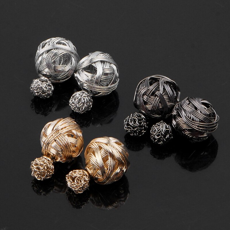 3 Pairs Metal Wire Wrapped Double Sided Ball Earrings Set Jewelry