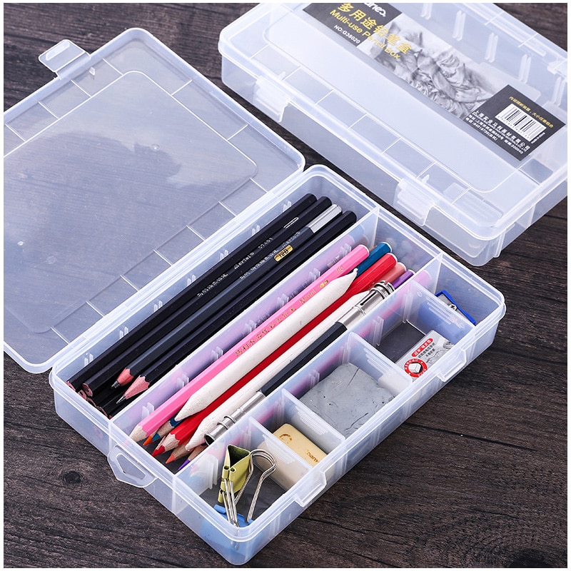 Croquis porte-crayon Simple boîte à outils en plastique fournitures artistiques boîte de rangement trousse de papeterie transparente espace libre commutation