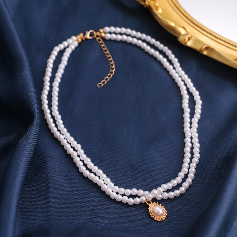 Mode Dubbele Parel Choker Ketting Voor Vrouwen Koreaanse Imitatie Parel Hanger Korte Ketting Trend Choker Sieraden Чокер