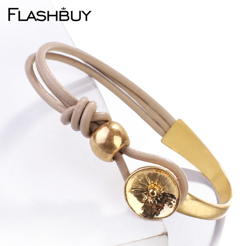 Flashbuy Vintage Gold Metalen Bedels Lederen Armbanden Voor Vrouwen Mode Eenvoudige Kralen Armbanden Multilayer Lederen Armbanden