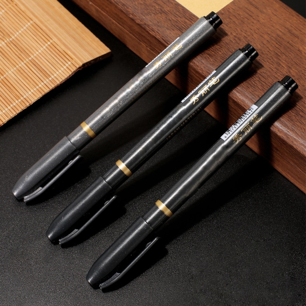 Umitive-pluma de tinta de caligrafía negra de 3 tamaños para principiantes, rotuladores de pincel rellenables para escritura y firma, suministros de oficina