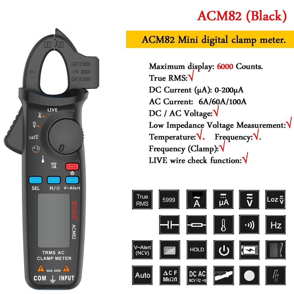 Mini Digital Clamp Meters BSIDE ACM Series True DC AC Current Voltage Ohm Temp Capacitance Hz NCV Tester Ammeter Multimeter: ACM82-black