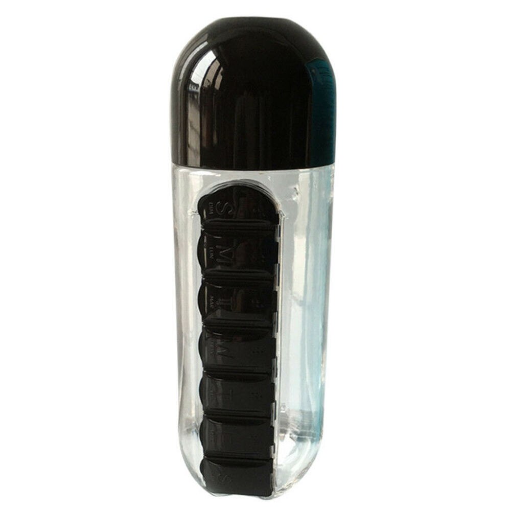 501-600 ml Water PC Fles Met Pillendoos 7 Dag Organizer Drinken Flessen Water Fles Reizen Draagbare 1 stuks: Black
