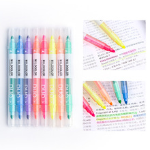 8 pcs/set Korean Dual Head Mildcolor Highlighters Art Markers Fluorescent Color Pen Fine Liner School Office Stationery
