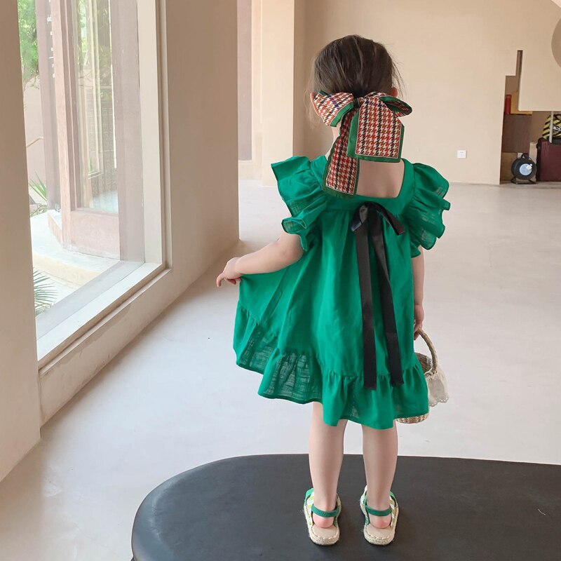 Summer Girls Dress Baby Kids Clothes Sweet Princess Dress Small Fresh Petal Sleeve Bow Vestidos 3-7Years Children&#39;S Clothing: CZ1618 Green / 3T
