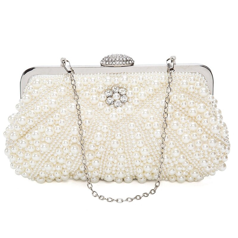 Women Pearl Clutch Bags Evening Bag Purse Handbag For Wedding Chain Bag For Dinner Party, White: Default Title