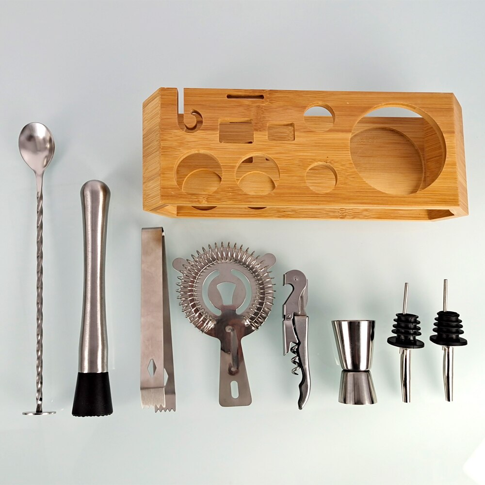 10-Piece Cocktail Shaker Bar Set Stainless Steel Bartender Kit Mixer Drink BrowserKit Bars Set Rhombus Bamboo Frame
