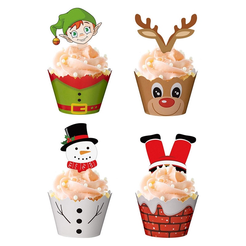 Père noël bonhomme de neige Elk Cupcakes 12 pièces emballage + 12 pièces Toppers pour le nouvel an joyeux noël fête enfants faveur Cupcakes décoration