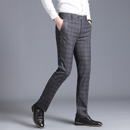 Business casual kostymbyxor för män randiga rutiga byxor maringrå byxor herr storlek 29-38: Grå / 34