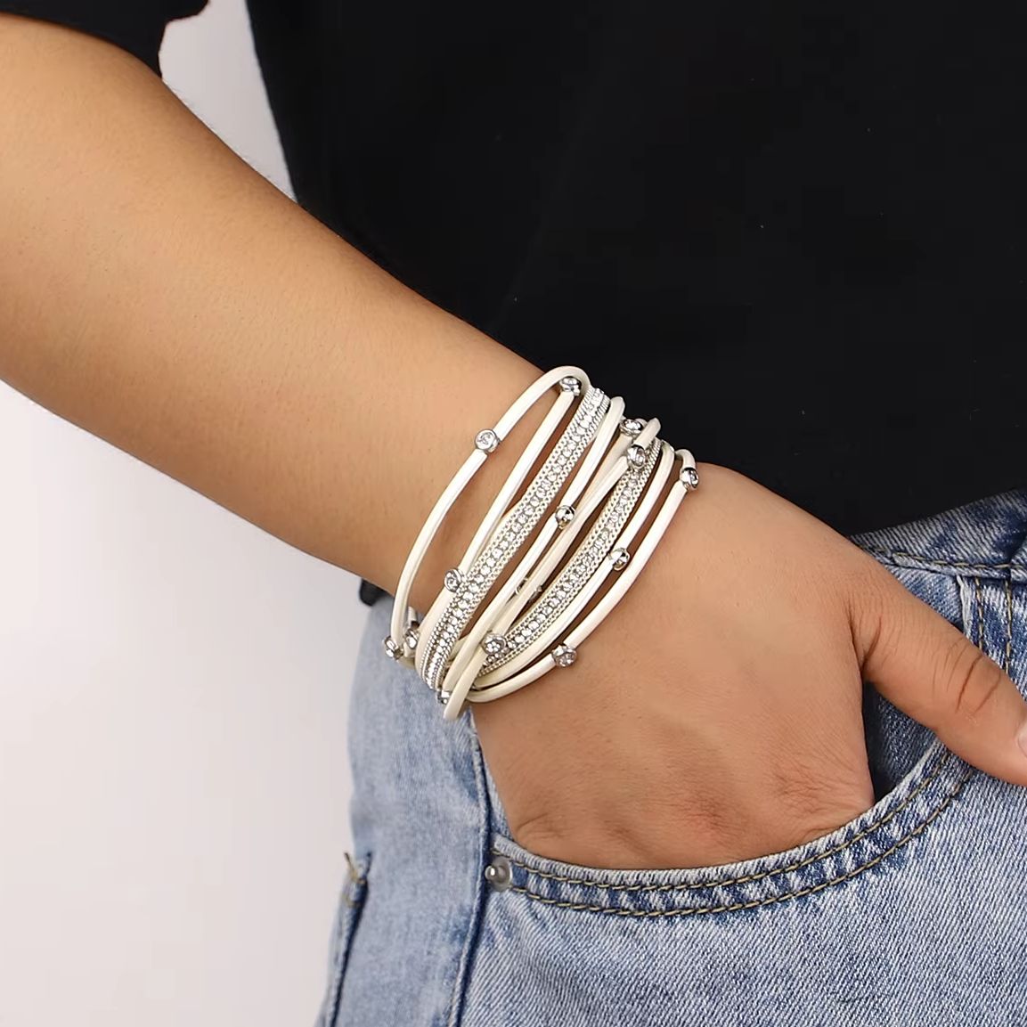 ALLYES, pulseras de cuero con cuentas de cristal Vintage para mujeres y hombres, cadena larga bohemia, pulsera envolvente multicapa, de joyería