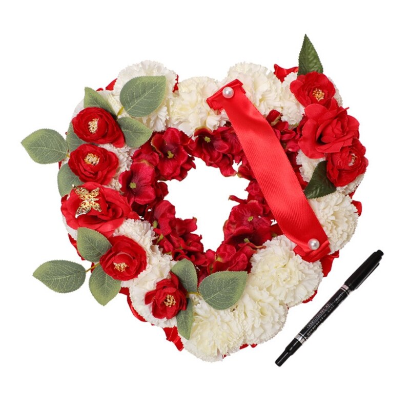 Artificial Flower Garland Funeral Floral Arrangements Heart Shaped Tribute Memorial Wreath with Ribbon Grave Halls Decor: Red