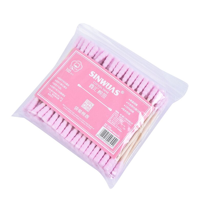 100 stuks/pak wattenstaafjes met dubbele kop voor vrouwen make-up, wattenstaafjes, houten stokjes, neus- en oorreinigingshulpmiddelen voor de gezondheidszorg: Roze