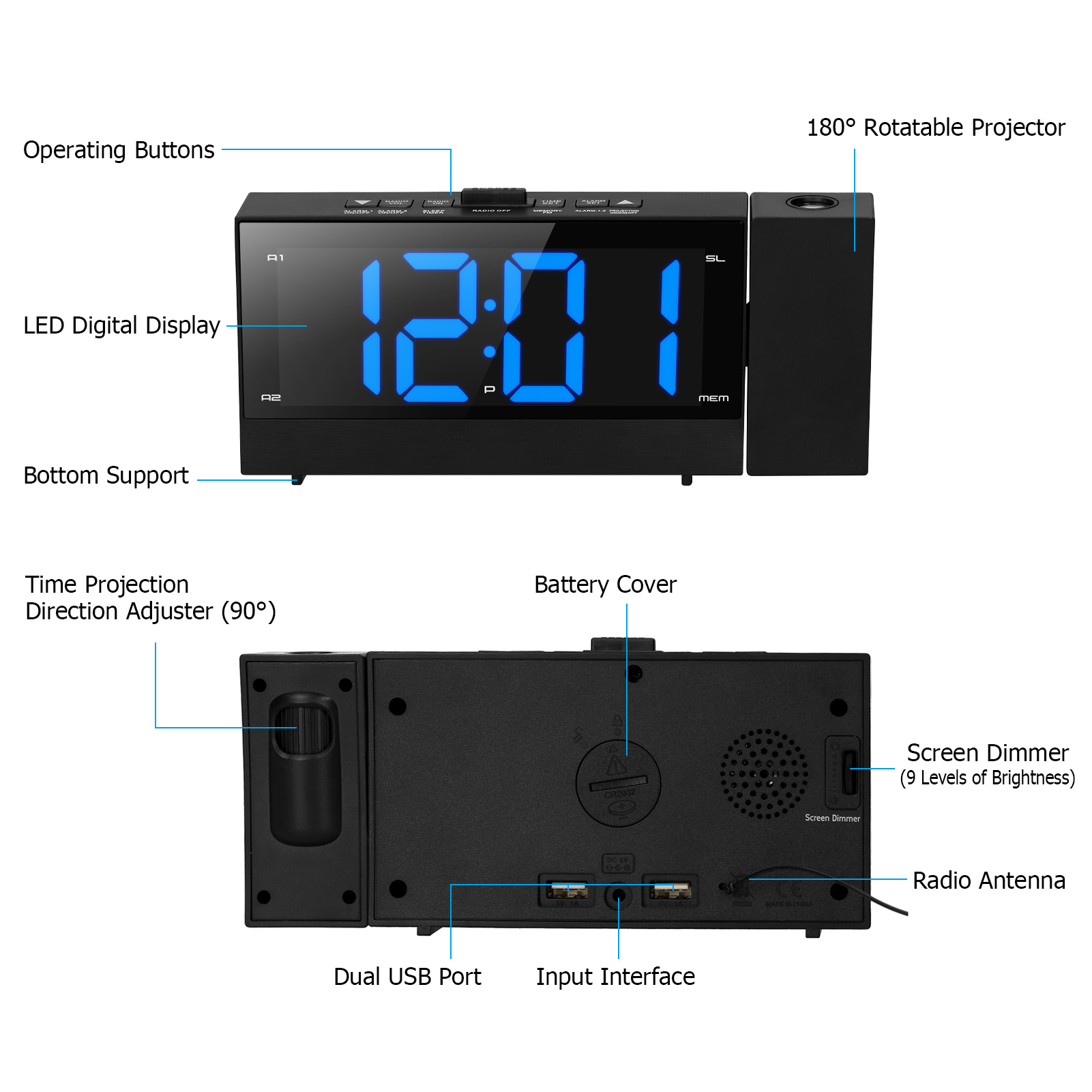 Kkmoon 6.4Inch Digitale Projectie Wekker 180 Graden Draaibare Projector Klok Met Dual Alarm Snooze Fm Radio Telefoon Oplader