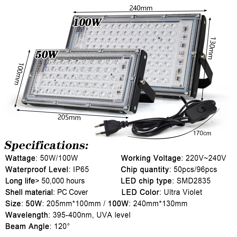 UV-LED-Flutlicht 50 W 100 W 150 W 220 V Außenflutlicht 395 nm 400 nm UV-fluoreszierende Bühnenlampe LED-Bühnen-Schwarzlicht