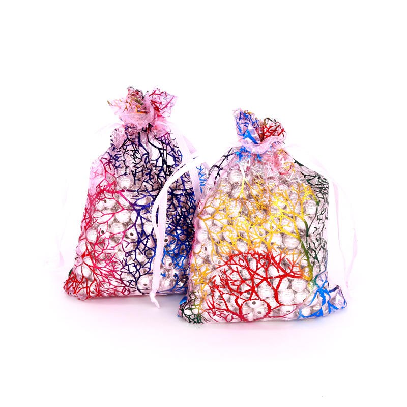 20 sztuk/partia koral wzór torby z organzy 7x9 9x12 13x18 cm Charms kosmetyki torby do pakowania biżuterii party sznurkiem prezent torba torebki: Różowy / 10x14cm 20pcs