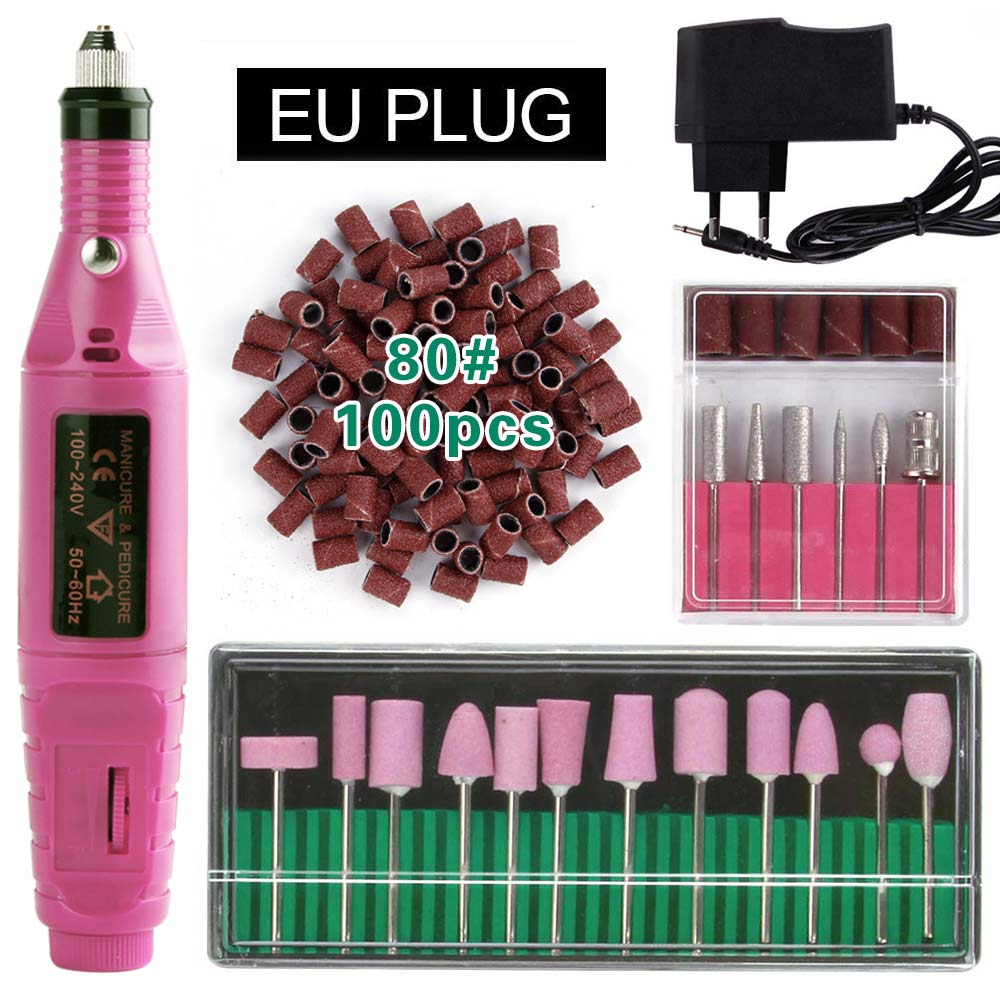 Elektryczne aparaty do Manicure urządzenie do Pedicure kwarcowe wiertła do paznokci 100Pc szlifowanie taśmy szlifierskie pilnik do paznokci bufor żel usuń: Pink EU Plug 80