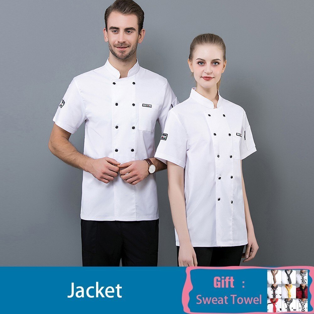 Hotel restaurant køkken kok madlavning uniform kortærmet unisex sommer cafe frisør salon tjener arbejdsjakke gratis tørklæde: Hvid / Xl