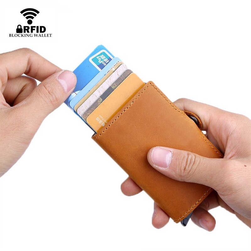 DIENQI Leather Anti Rfid Bank Card Holder Slim Mini id Credit Cardholder Pop Up Security Wallet Creditcard Purse Case Protection