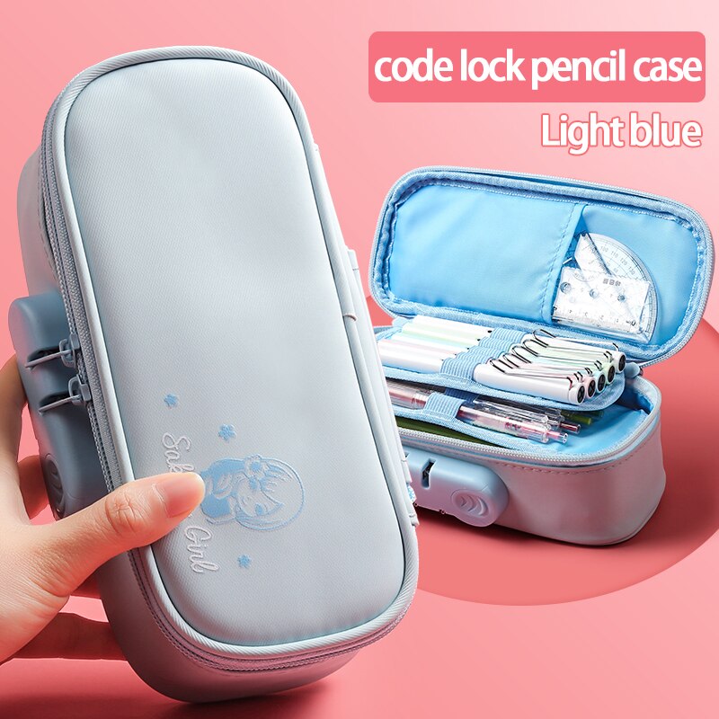 Zanken-estuche de lápices con contraseña para mujer, estuche de gran capacidad con dibujos animados, multifuncional para estudiantes, creatividad: Light blue